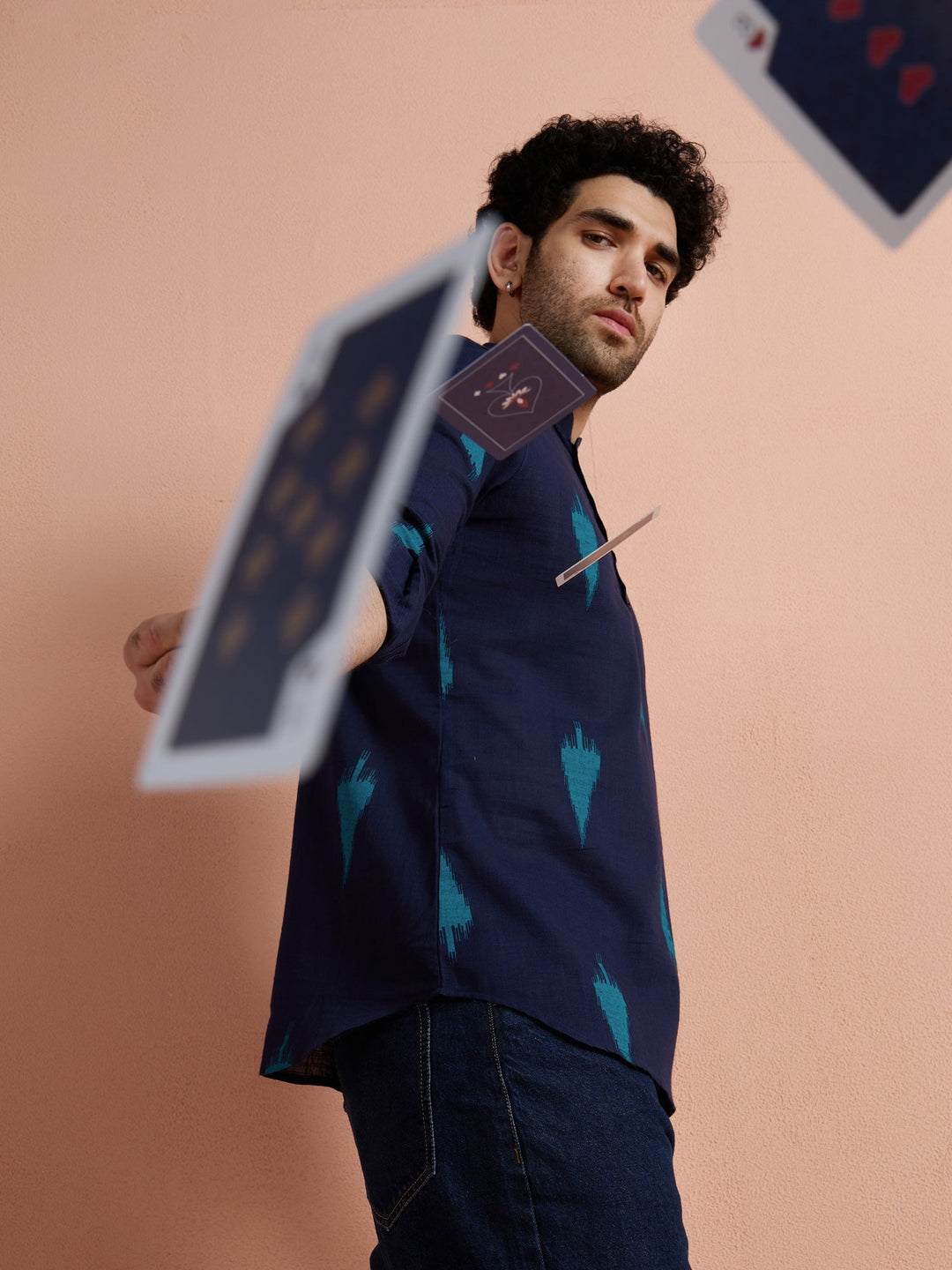 Navy Blue Cotton Printed Short Kurta For Men | SHOBITAM