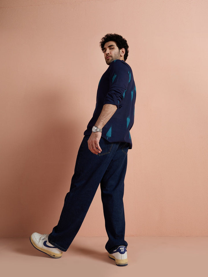 Navy Blue Cotton Printed Short Kurta For Men | SHOBITAM