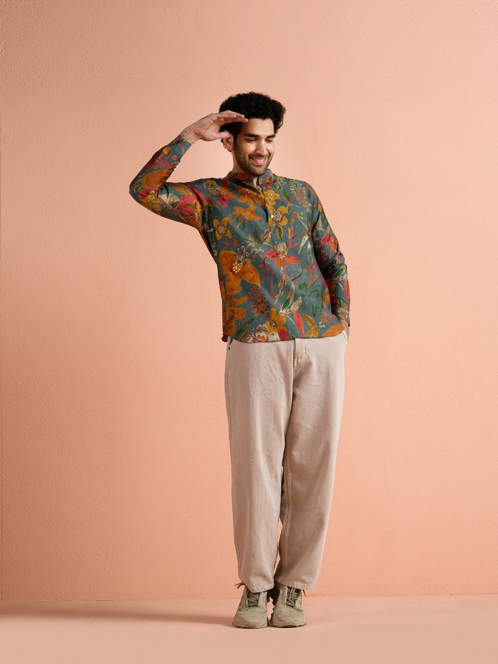 Multi-Color Polyviscose Printed Short Kurta For Men | SHOBITAM