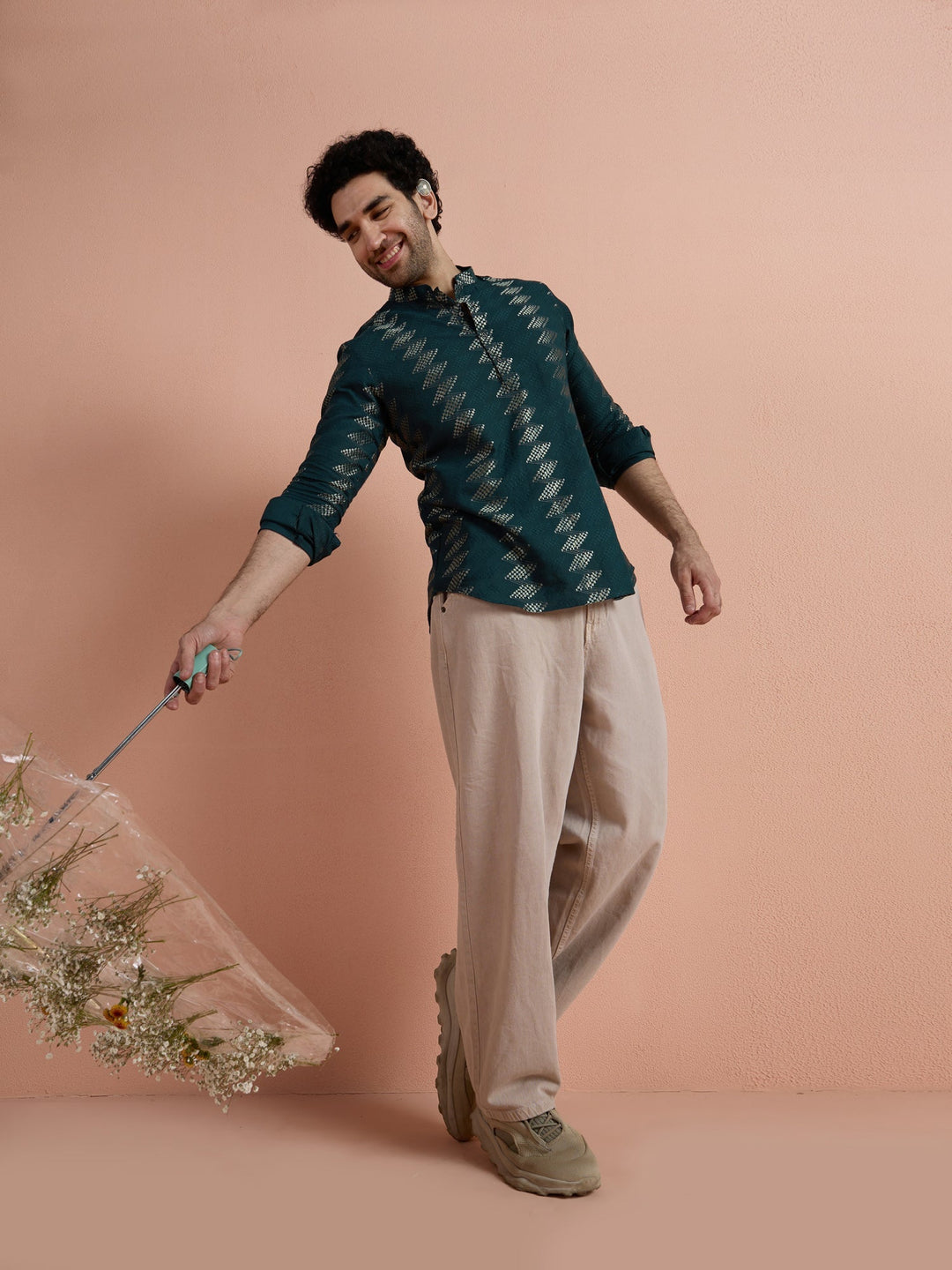 Teal Cotton Jacquard Short Kurta For Men | SHOBITAM