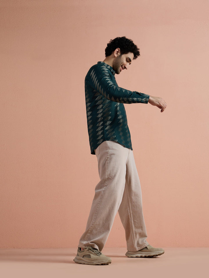 Teal Cotton Jacquard Short Kurta For Men | SHOBITAM