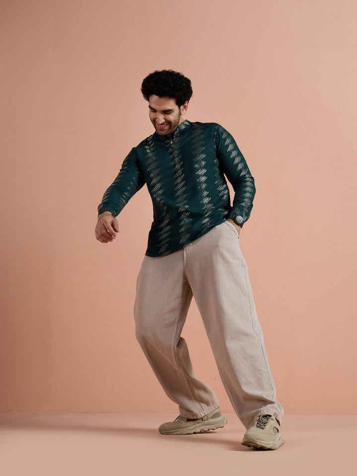Teal Cotton Jacquard Short Kurta For Men | SHOBITAM