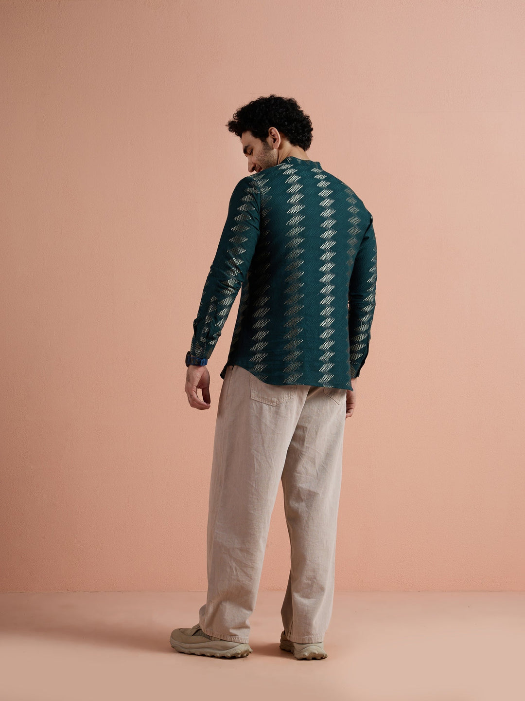 Teal Cotton Jacquard Short Kurta For Men | SHOBITAM