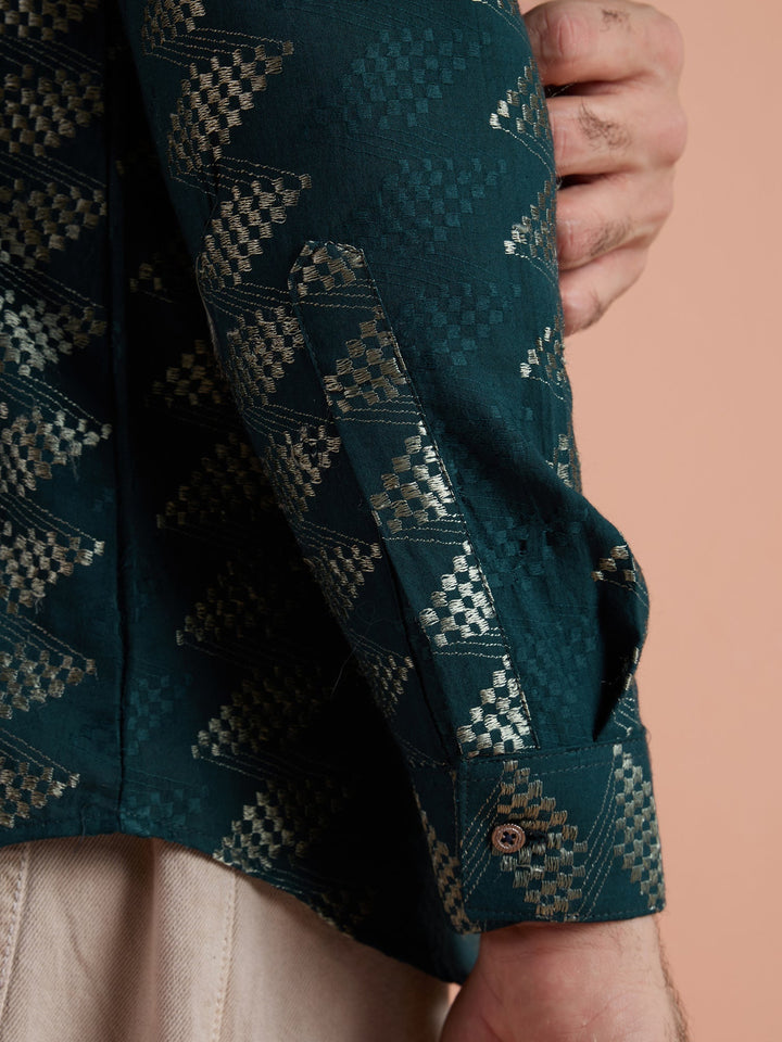 Teal Cotton Jacquard Short Kurta For Men | SHOBITAM