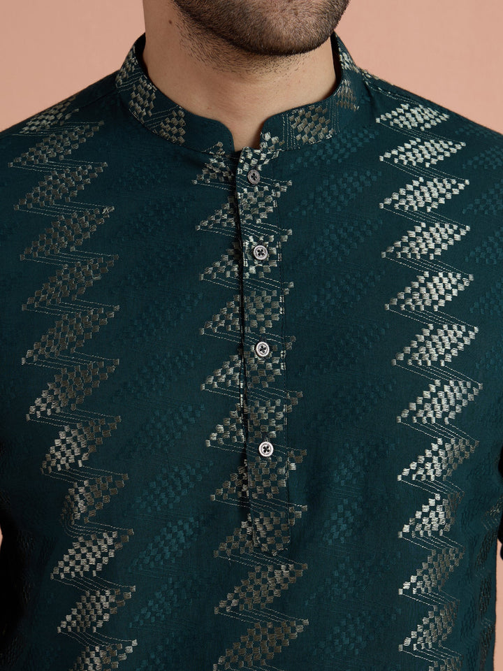 Teal Cotton Jacquard Short Kurta For Men | SHOBITAM