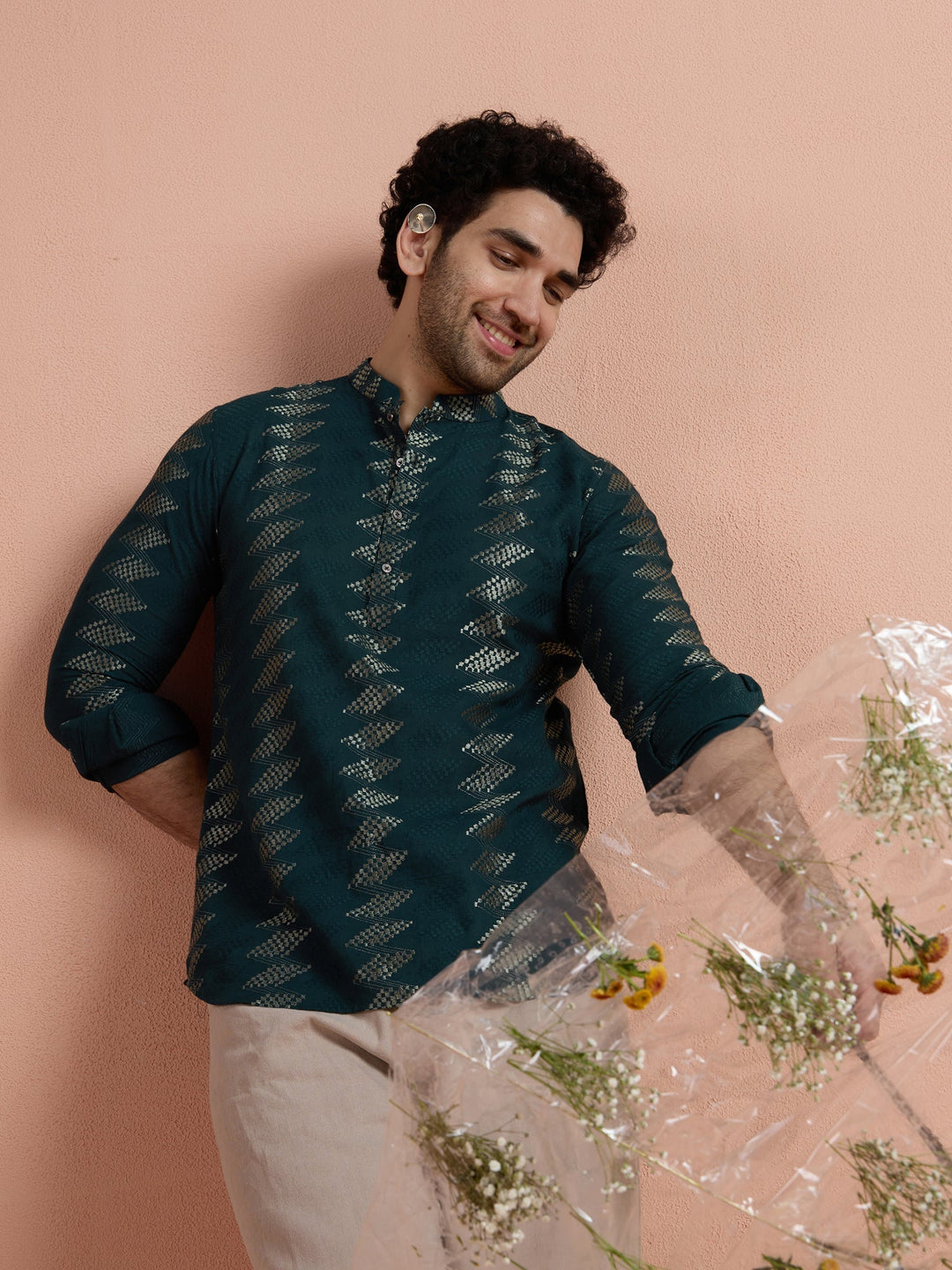 Teal Cotton Jacquard Short Kurta For Men | SHOBITAM