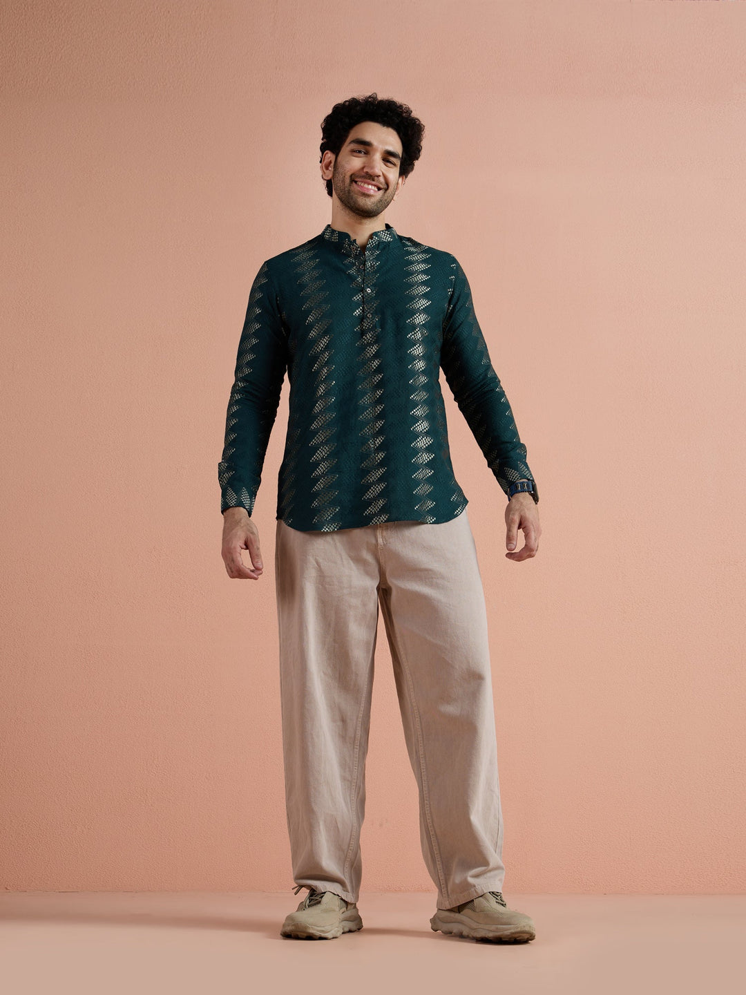 Teal Cotton Jacquard Short Kurta For Men | SHOBITAM