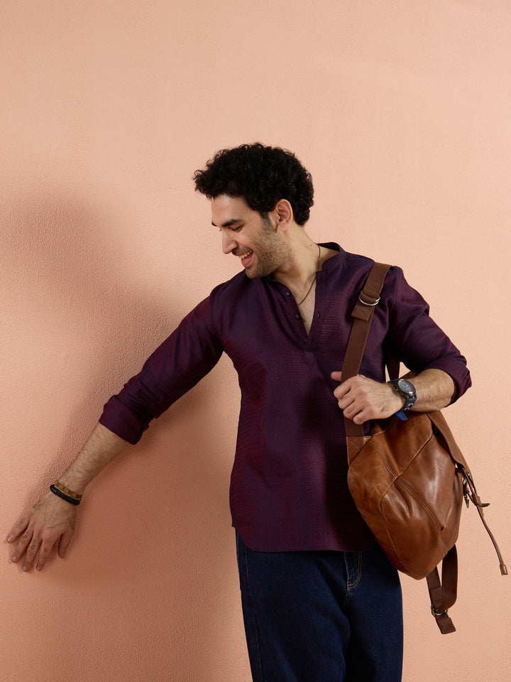 Purple Silk Blend Jacquard Short Kurta | SHOBITAM