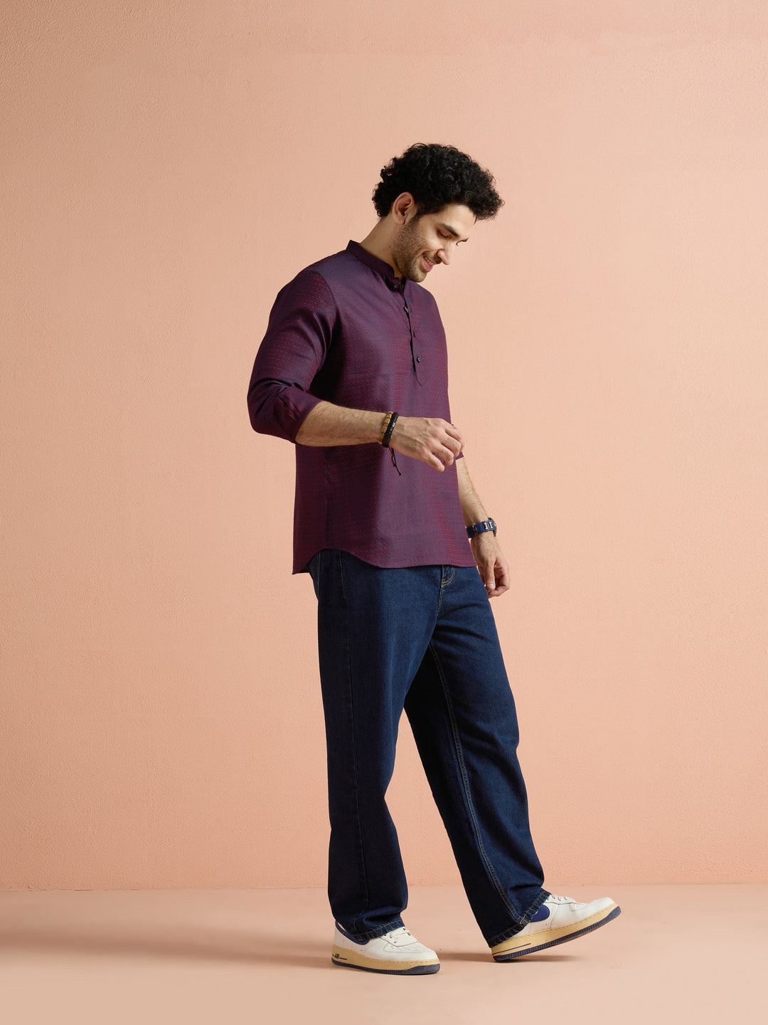 Purple Silk Blend Jacquard Short Kurta | SHOBITAM