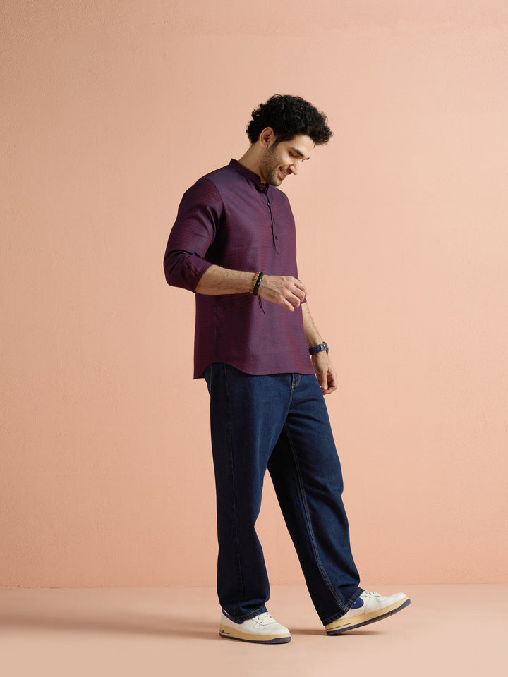 Purple Silk Blend Jacquard Short Kurta | SHOBITAM