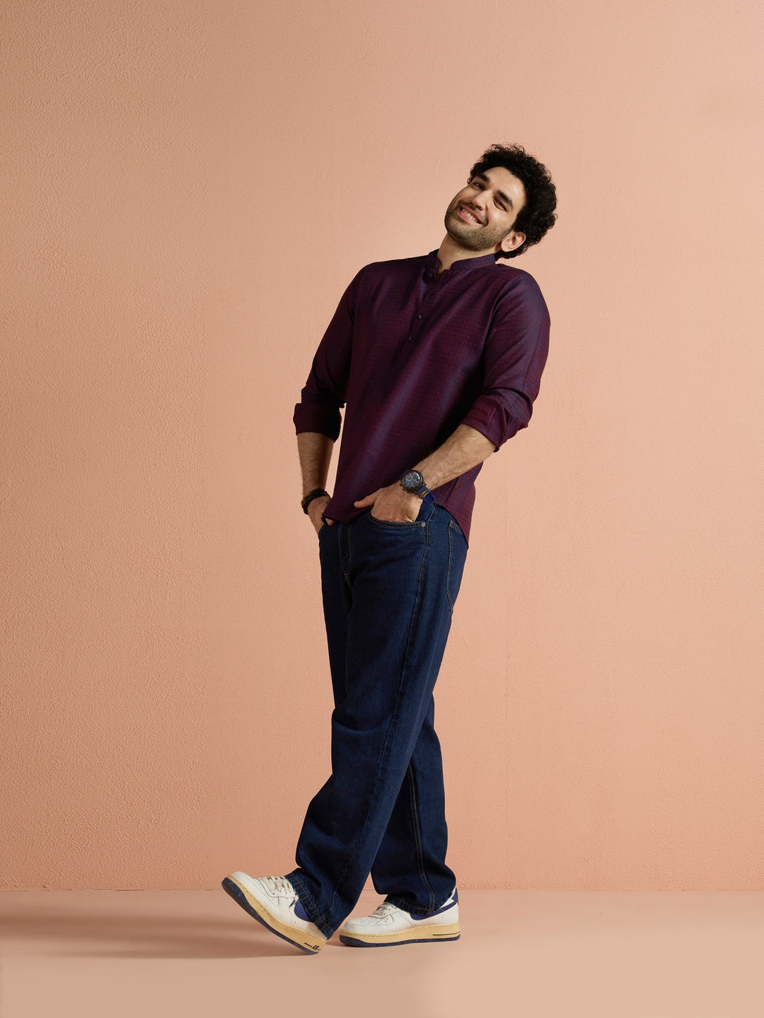 Purple Silk Blend Jacquard Short Kurta | SHOBITAM