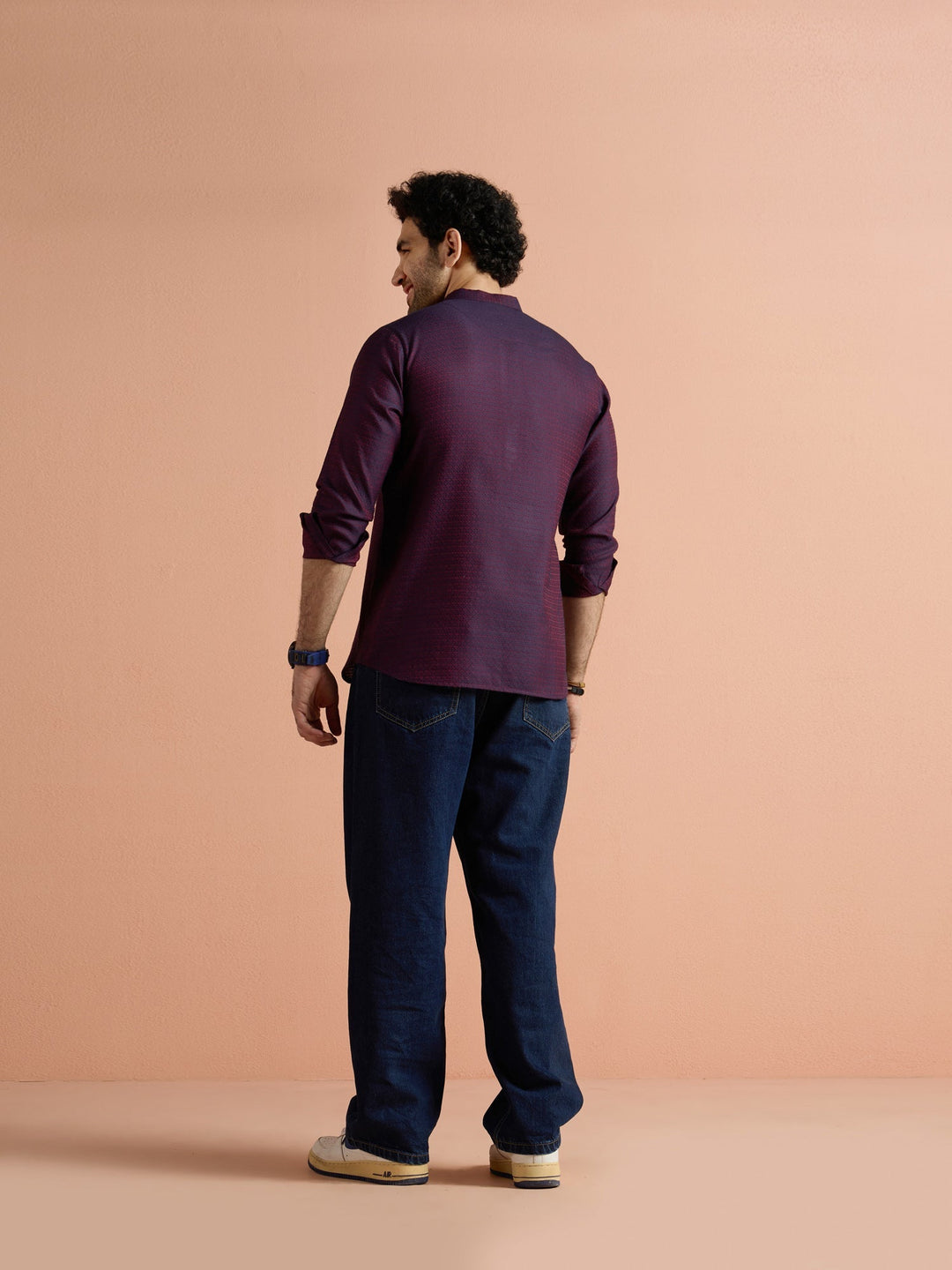 Purple Silk Blend Jacquard Short Kurta | SHOBITAM
