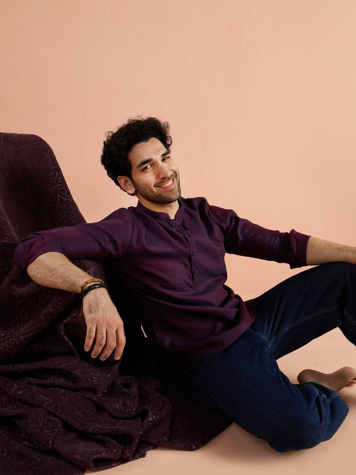 Purple Silk Blend Jacquard Short Kurta | SHOBITAM