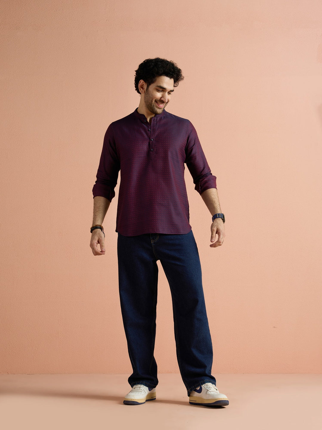 Purple Silk Blend Jacquard Short Kurta | SHOBITAM