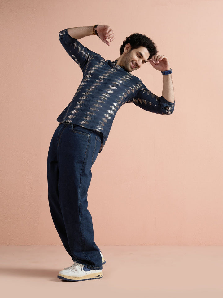 Navy Blue Cotton Jacquard Short Kurta For Men | SHOBITAM
