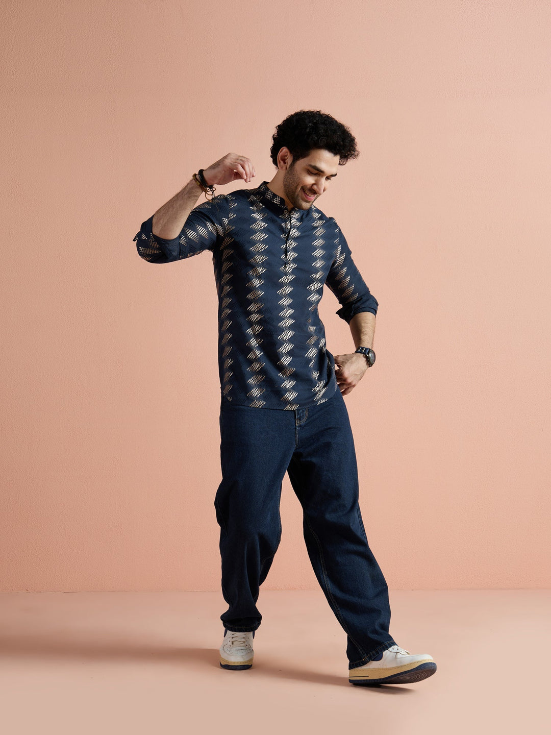 Navy Blue Cotton Jacquard Short Kurta For Men | SHOBITAM