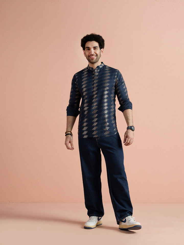Navy Blue Cotton Jacquard Short Kurta For Men | SHOBITAM