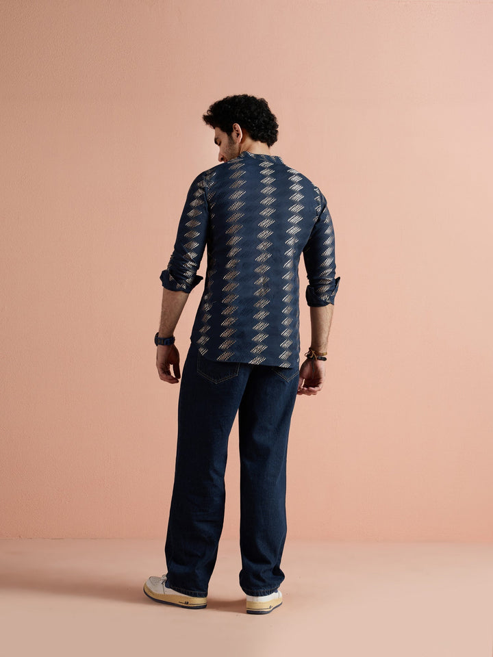 Navy Blue Cotton Jacquard Short Kurta For Men | SHOBITAM