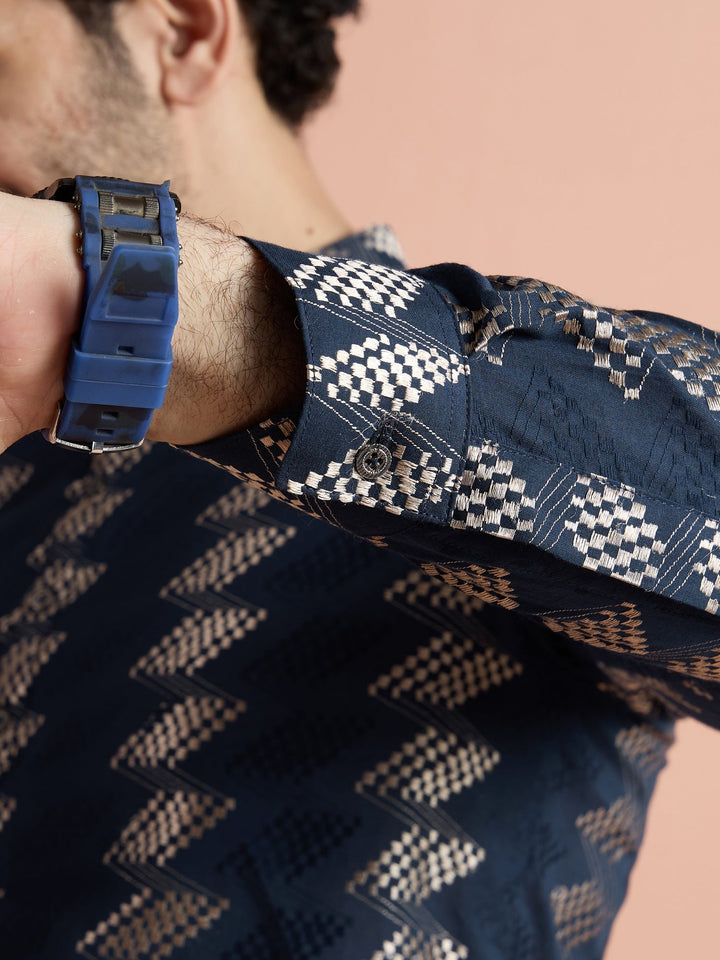 Navy Blue Cotton Jacquard Short Kurta For Men | SHOBITAM