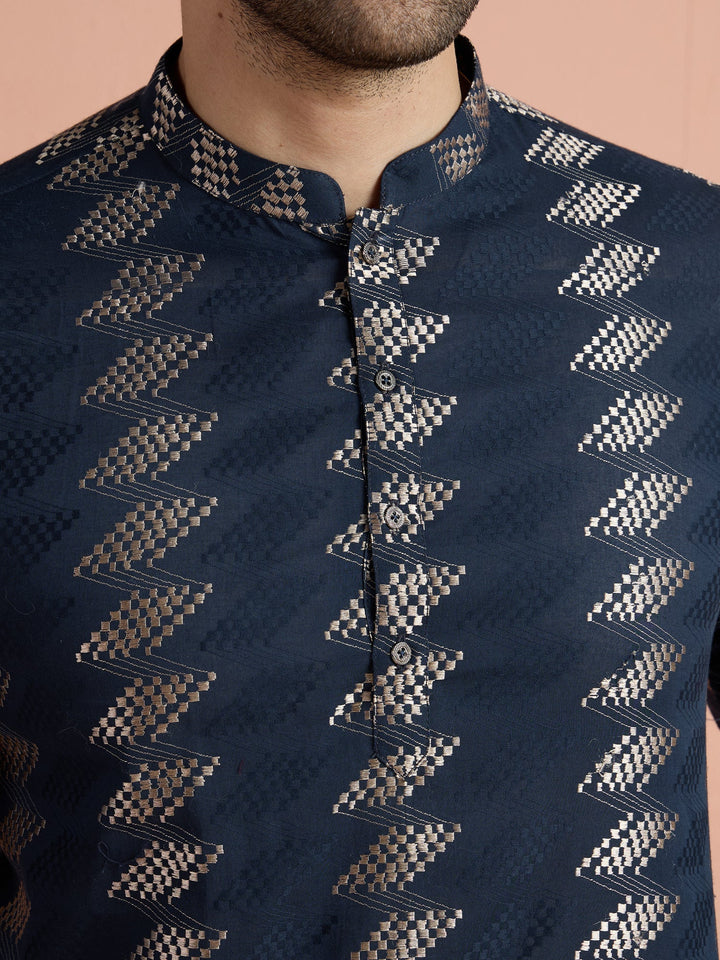 Navy Blue Cotton Jacquard Short Kurta For Men | SHOBITAM