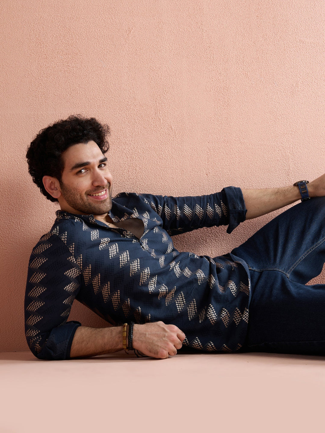 Navy Blue Cotton Jacquard Short Kurta For Men | SHOBITAM