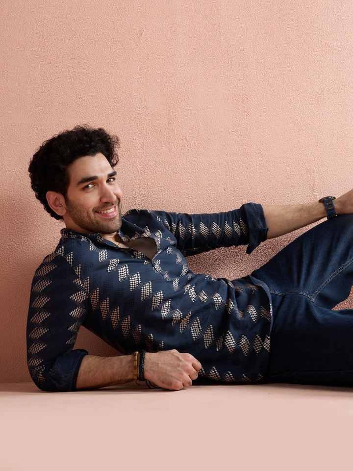 Navy Blue Cotton Jacquard Short Kurta For Men | SHOBITAM