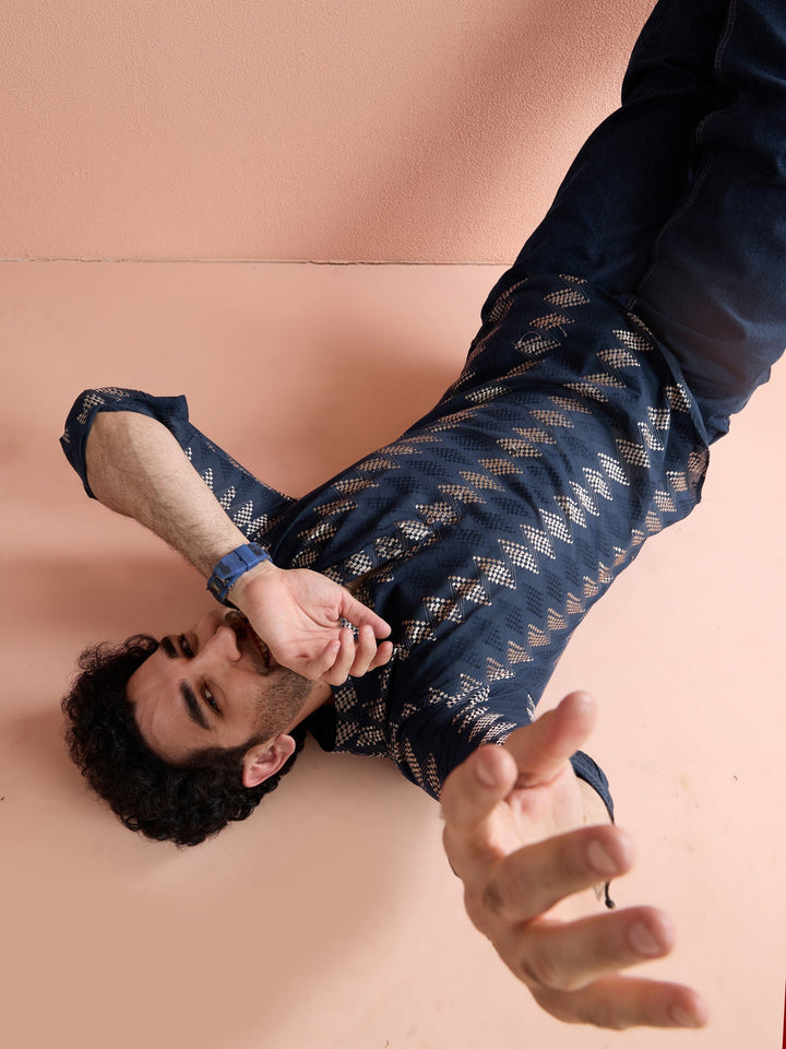 Navy Blue Cotton Jacquard Short Kurta For Men | SHOBITAM