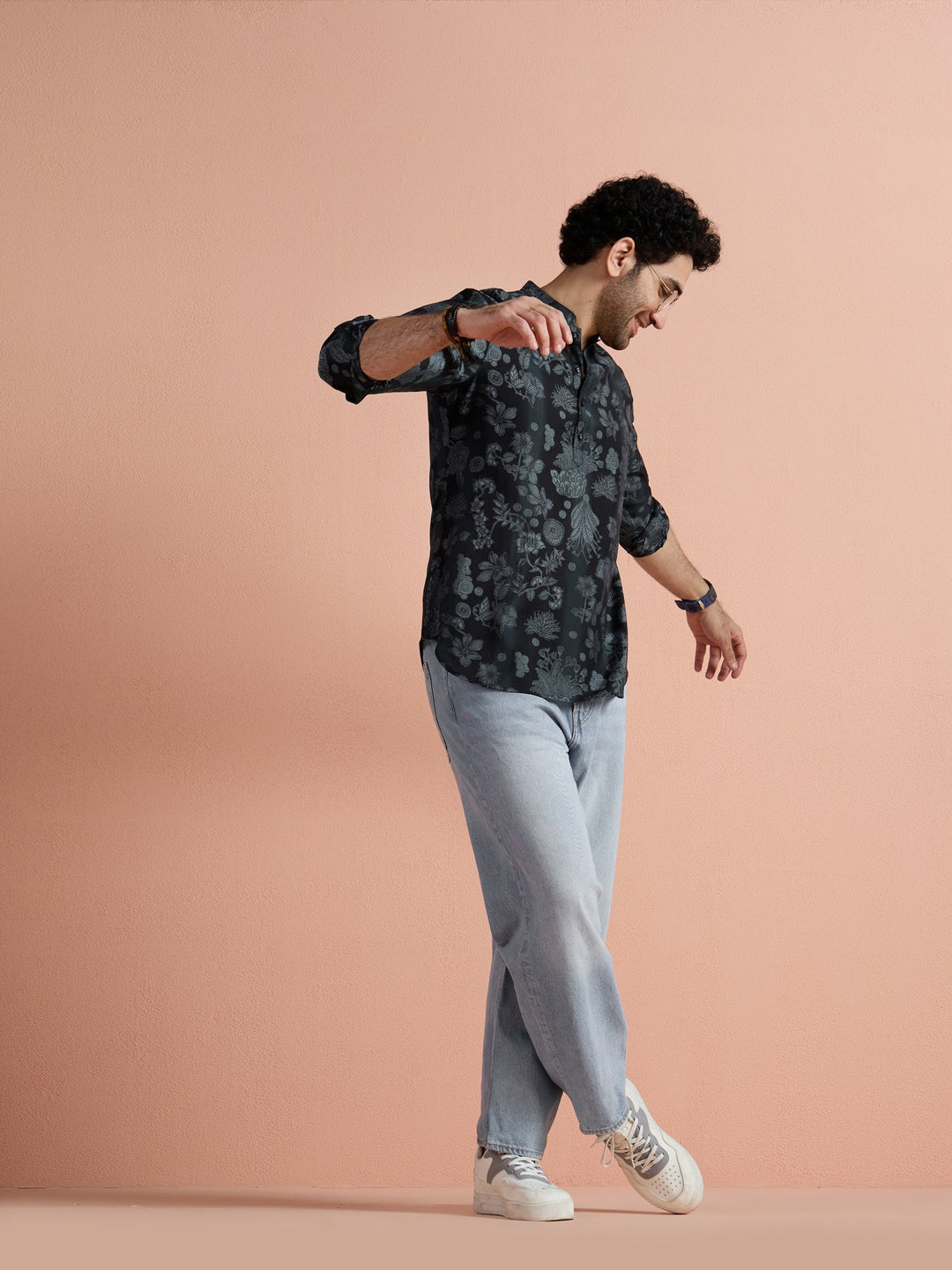Black Polyviscose Printed Short Kurta | SHOBITAM