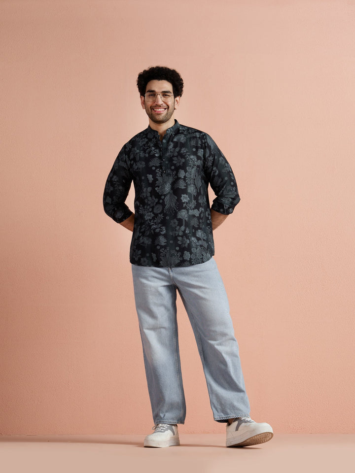 Black Polyviscose Printed Short Kurta | SHOBITAM