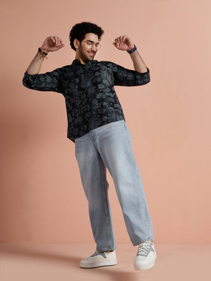 Black Polyviscose Printed Short Kurta | SHOBITAM