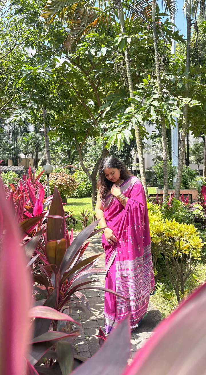 Gulal Bhujodi Cotton saree with Mirror Work | SHOBITAM