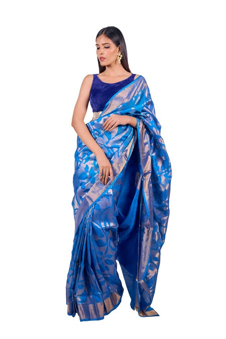 Eka - PREORDER Blue Handwoven Jamdani Silk Saree  | SILK MARK CERTIFIED | SHOBITAM