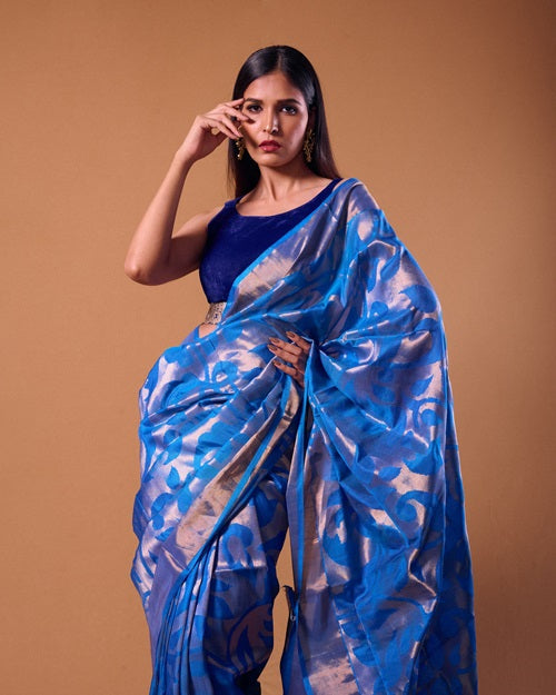 Eka - PREORDER Blue Handwoven Jamdani Silk Saree  | SILK MARK CERTIFIED | SHOBITAM