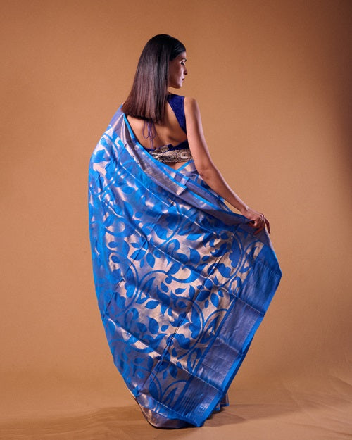 Eka - PREORDER Blue Handwoven Jamdani Silk Saree  | SILK MARK CERTIFIED | SHOBITAM