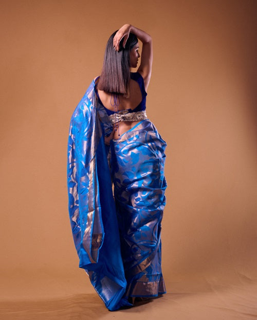 Eka - PREORDER Blue Handwoven Jamdani Silk Saree  | SILK MARK CERTIFIED | SHOBITAM