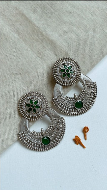 Green Raga Earrings in Brass and Glass with Antique Silver Polish | SHOBITAM
