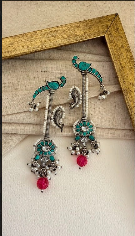 Kanmani Peacock  feroza & Pearl Statement Earrings|SHOBITAM