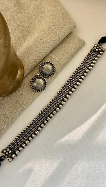 Traditional Kumaidhi Oxidised Choker & Stud Set | SHOBITAM