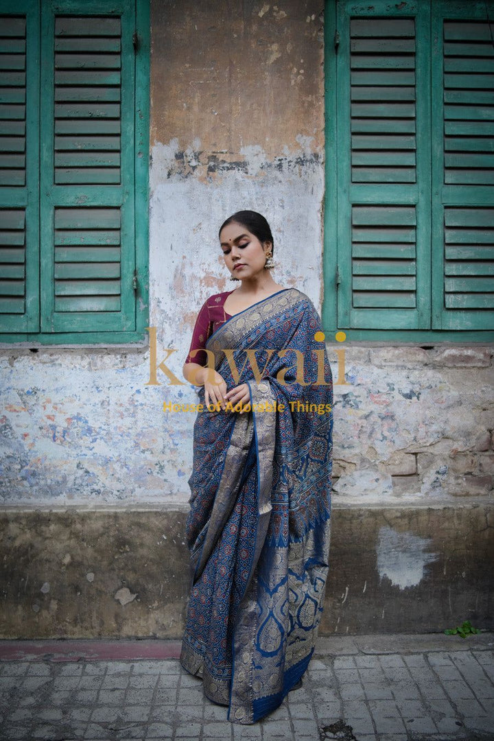 Raaga Ajrakh Saree - Handcrafted On Dola Silk | SHOBITAM
