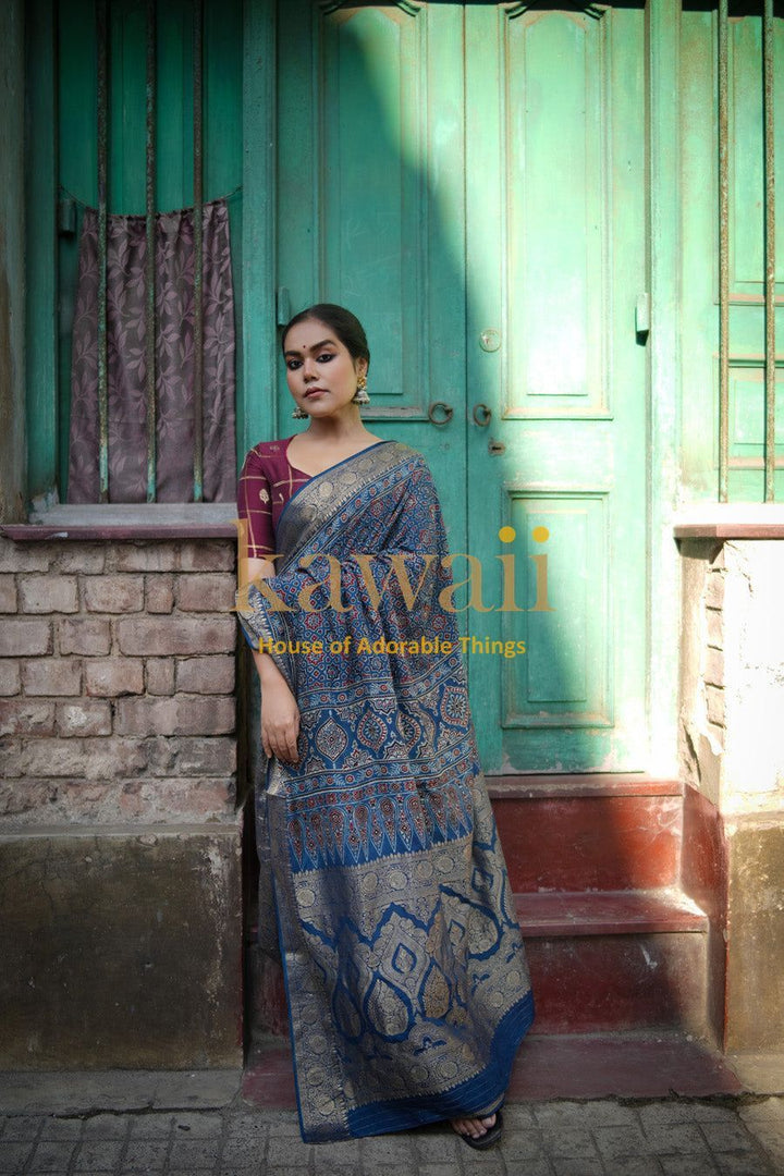 Raaga Ajrakh Saree - Handcrafted On Dola Silk| SHOBITAM