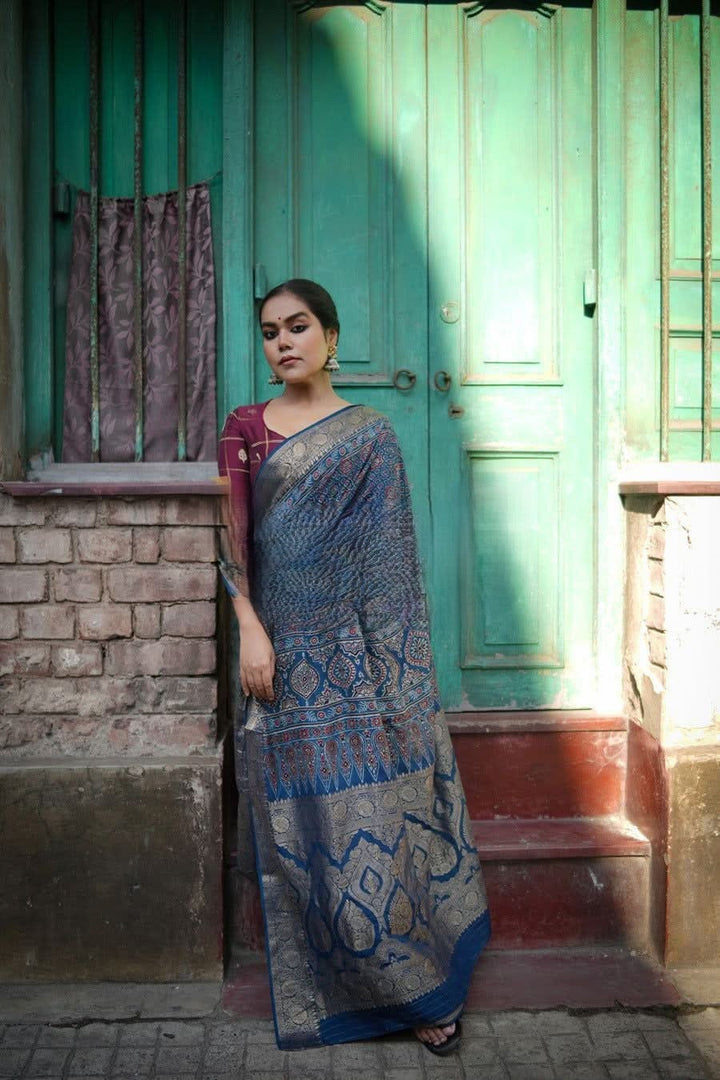 Raaga Ajrakh Saree - Handcrafted On Dola Silk | SHOBITAM