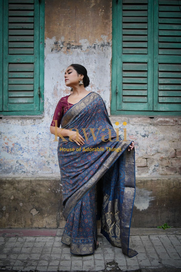 Raaga Ajrakh Saree - Handcrafted On Dola Silk | SHOBITAM