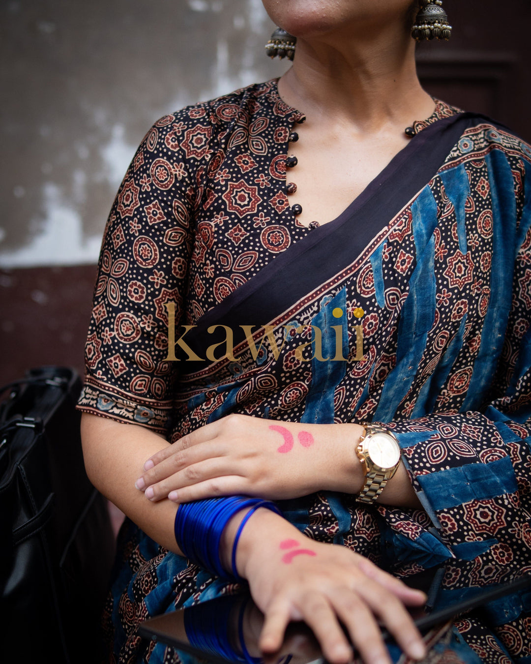 Neel Raag Ajrakh Saree - Handcrafted on Modal Silk  | SHOBITAM