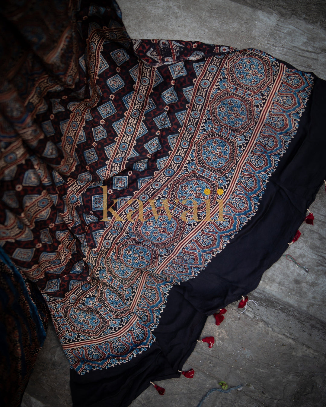 Neel Raag Ajrakh Saree - Handcrafted on Modal Silk  | SHOBITAM