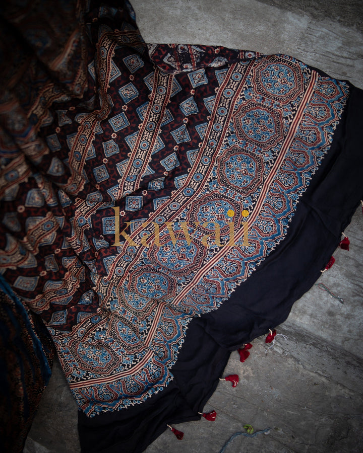 Neel Raag Ajrakh Saree - Handcrafted on Modal Silk  | SHOBITAM