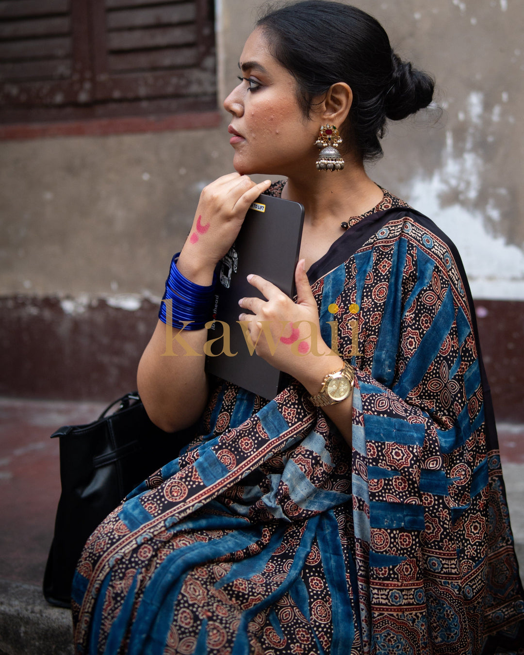 Neel Raag Ajrakh Saree - Handcrafted on Modal Silk| SHOBITAM