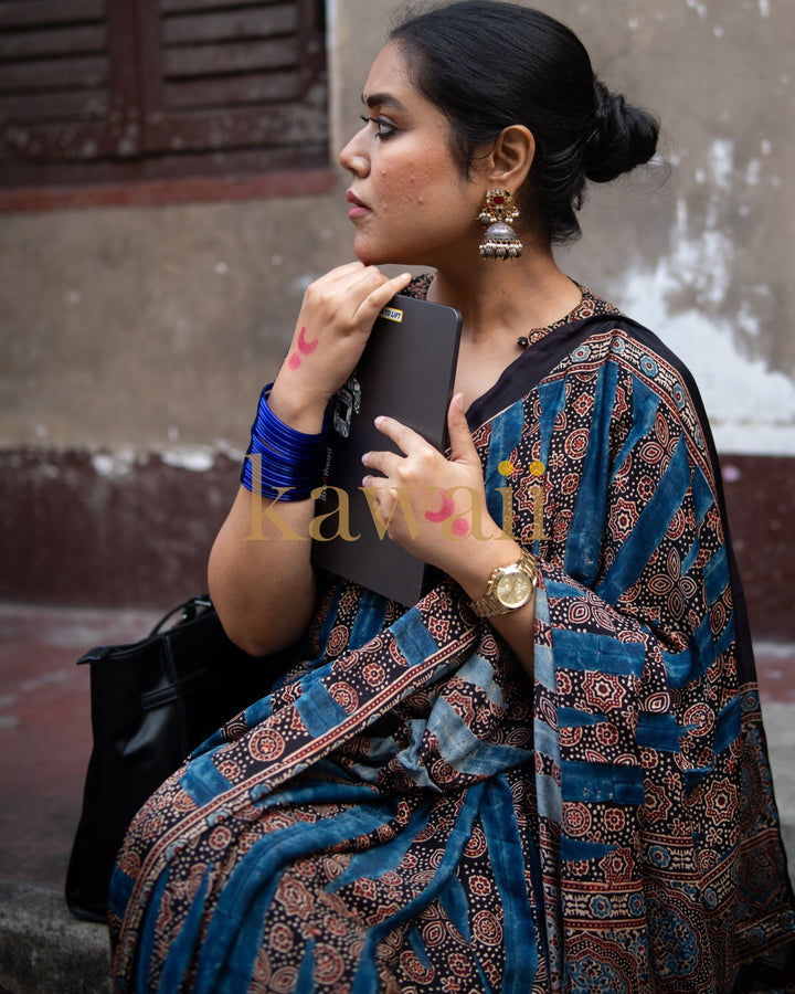 Neel Raag Ajrakh Saree - Handcrafted on Modal Silk| SHOBITAM