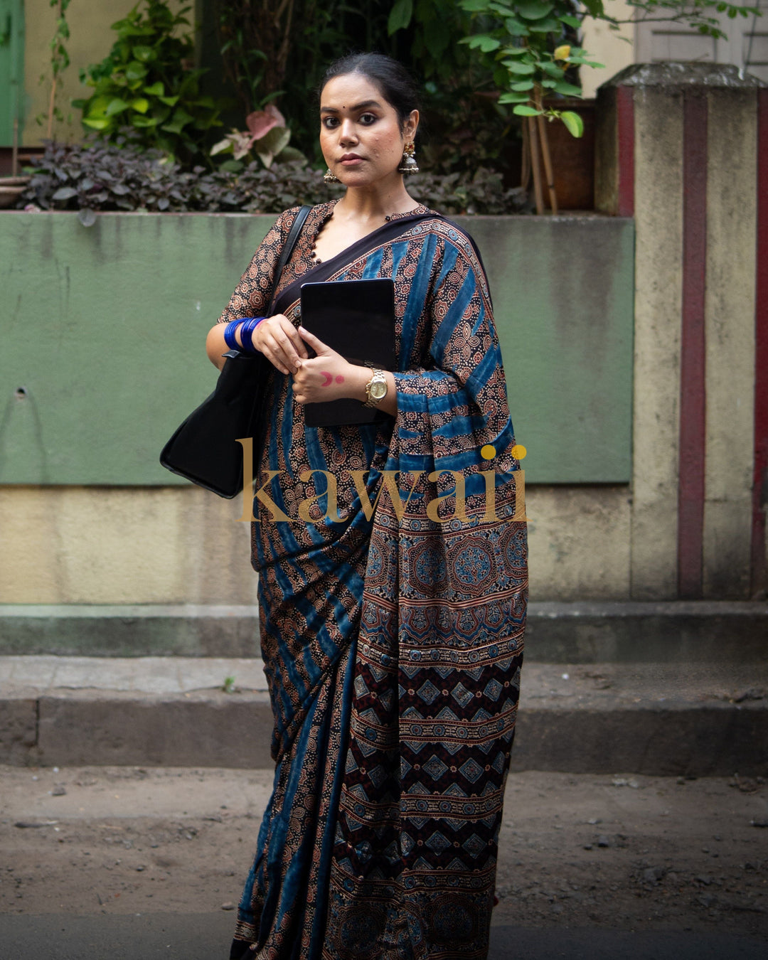 Neel Raag Ajrakh Saree - Handcrafted on Modal Silk  | SHOBITAM