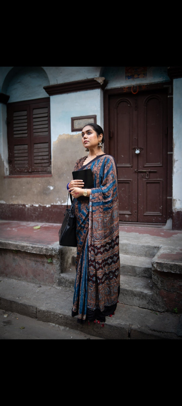 Neel Raag Ajrakh Saree - Handcrafted on Modal Silk  | SHOBITAM