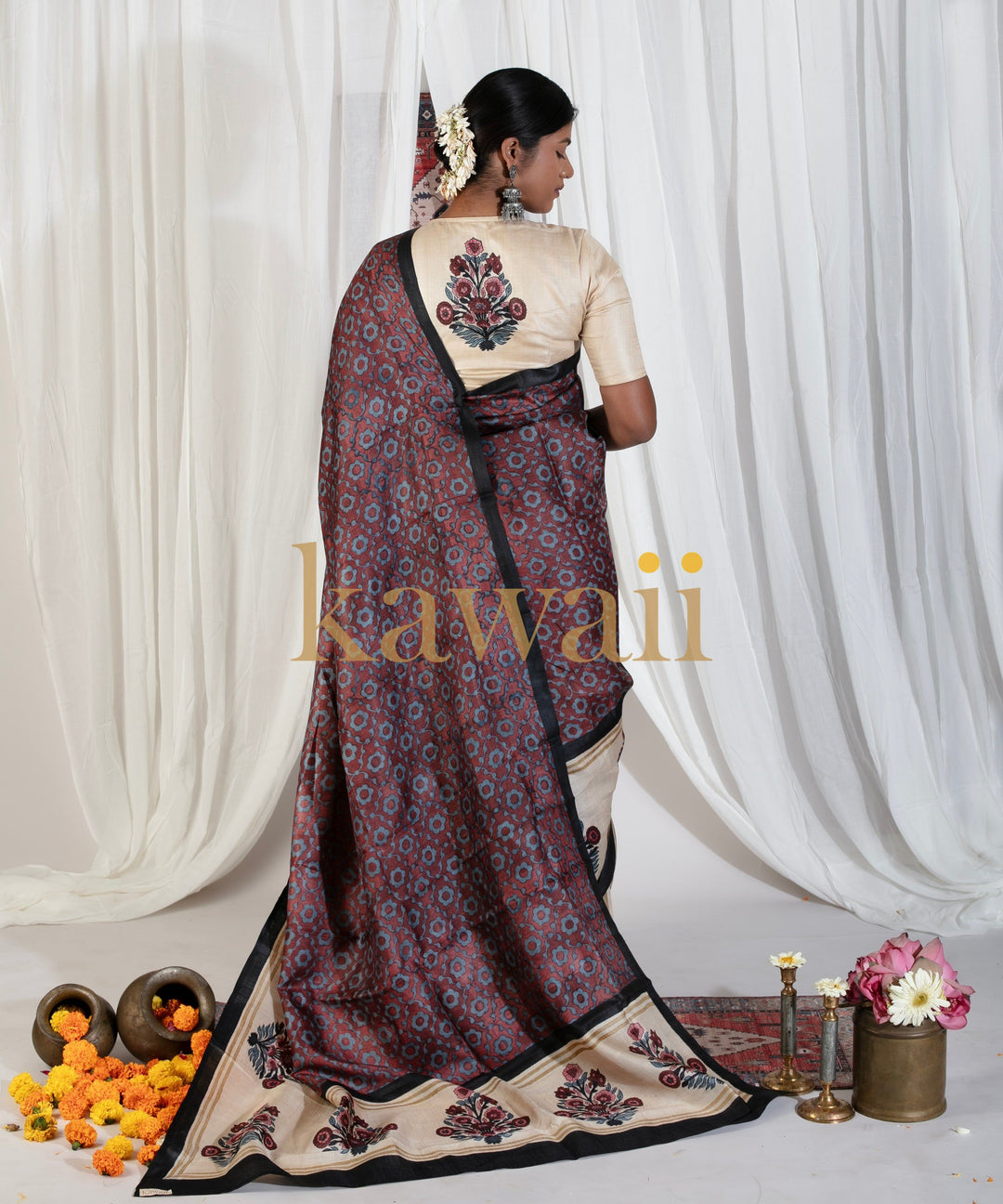 Gulmohar Block Print Tussar Silk Saree | SILK MARK CERTIFIED | SHOBITAM